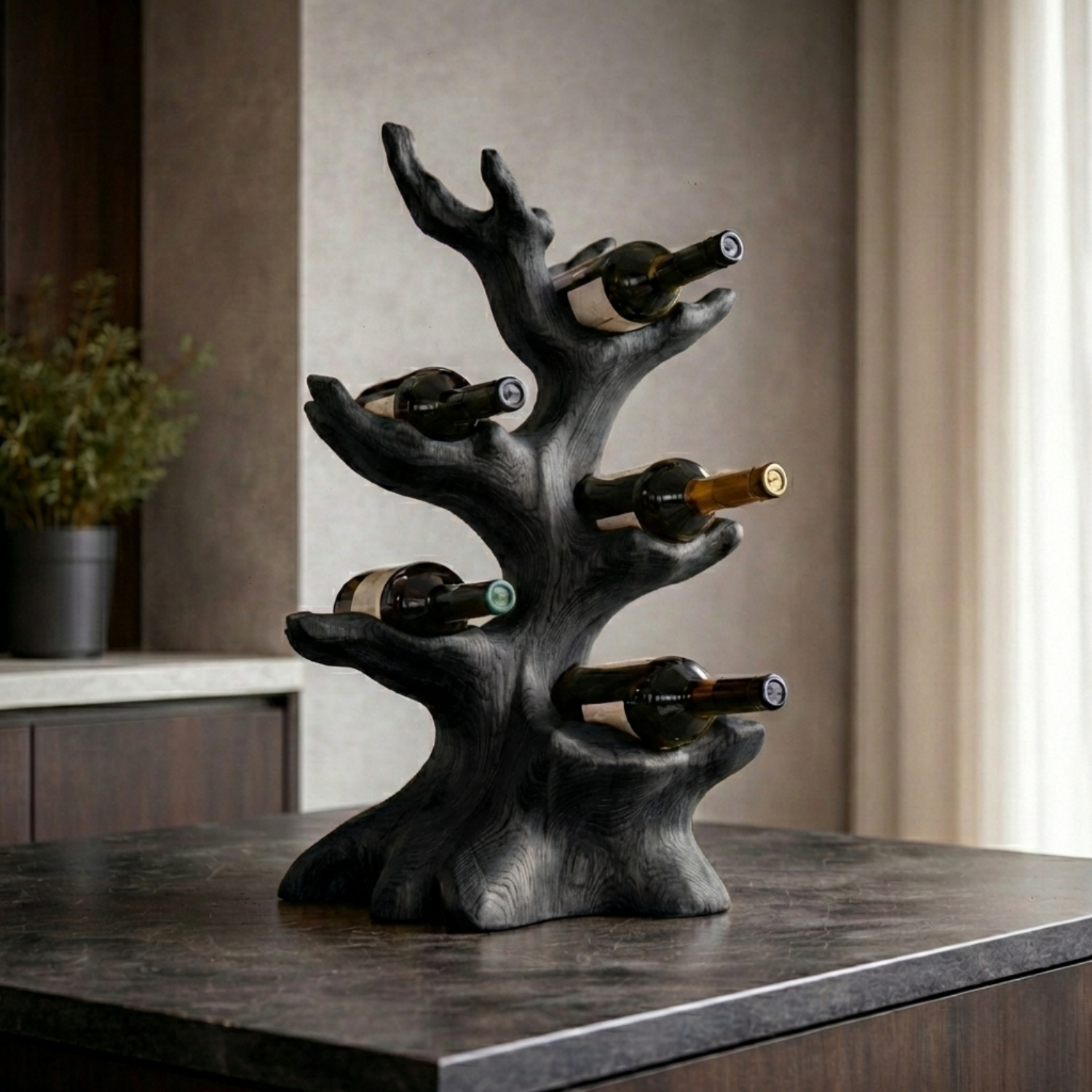 Handcrafted Solid Wood Wine Holder – Tree-Inspired Sculptural Countertop Wine Rack