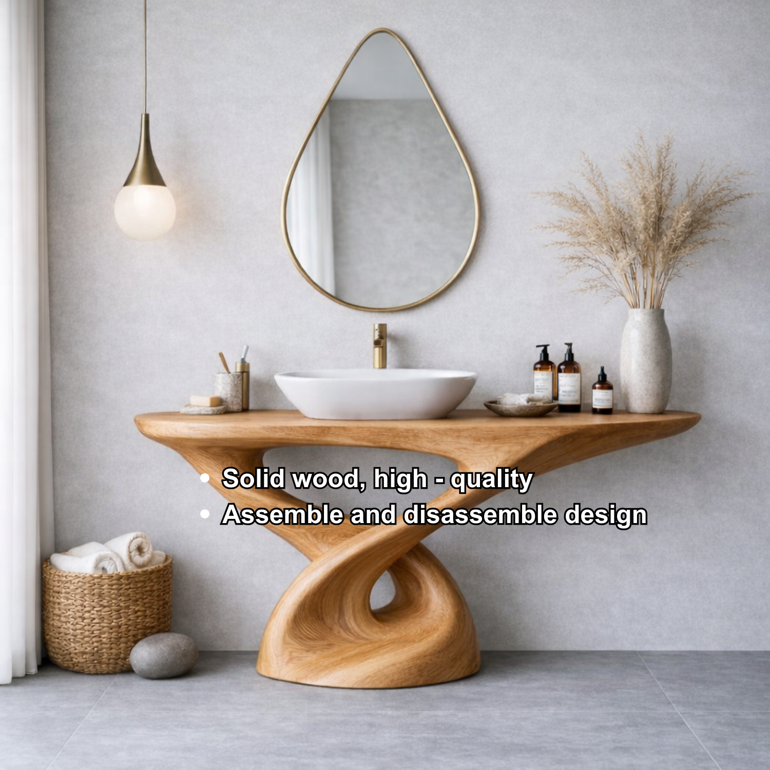 Solid Wood Sculptural Bathroom Vanity – Freestanding Modern Design