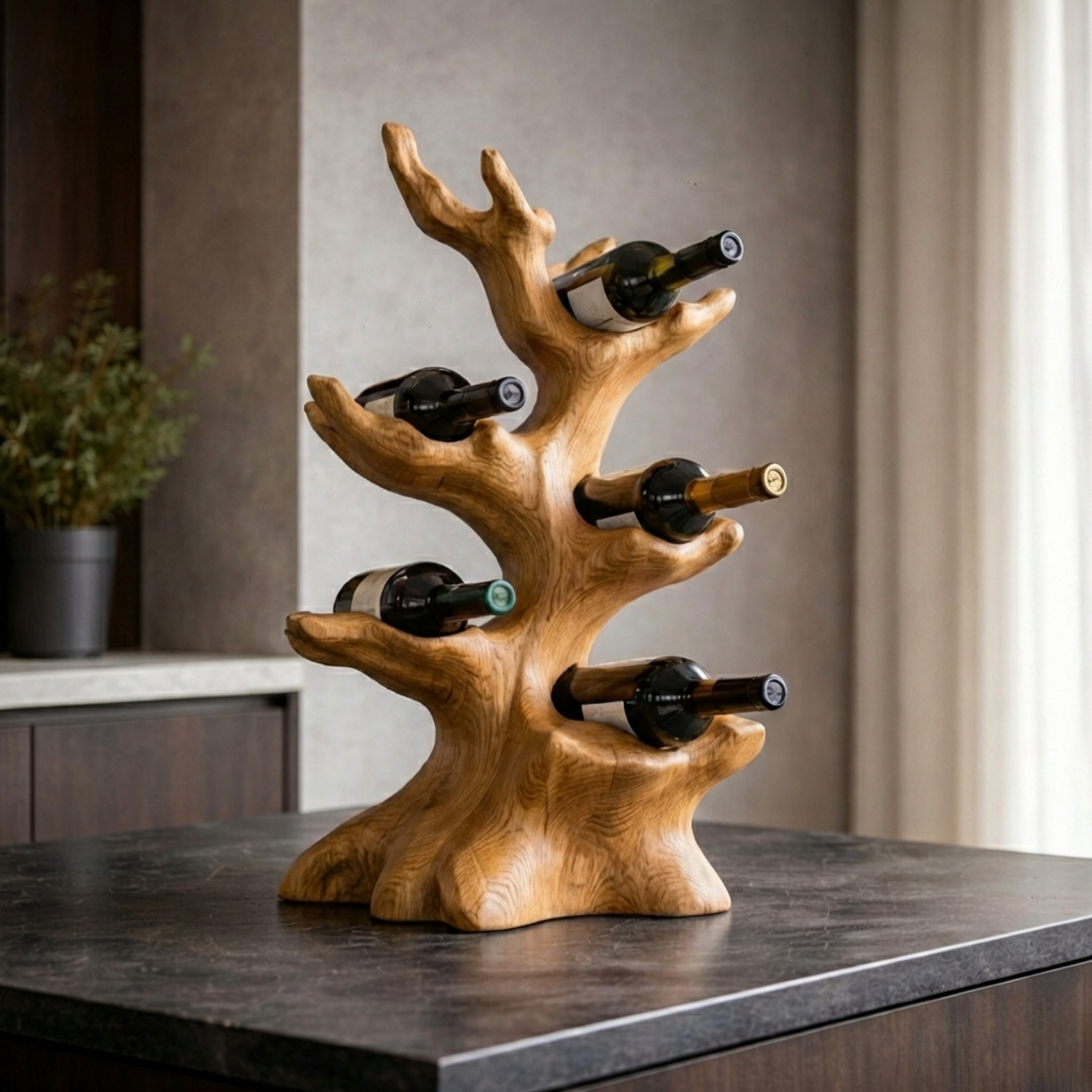 Handcrafted Solid Wood Wine Holder – Tree-Inspired Sculptural Countertop Wine Rack