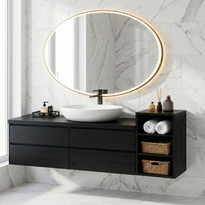 Floating Solid Wood Bathroom Vanity with Drawers & Open Shelf Storage