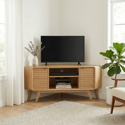 Solid Wood Corner TV Stand with Mid-Century Legs and Cabinet Storage
