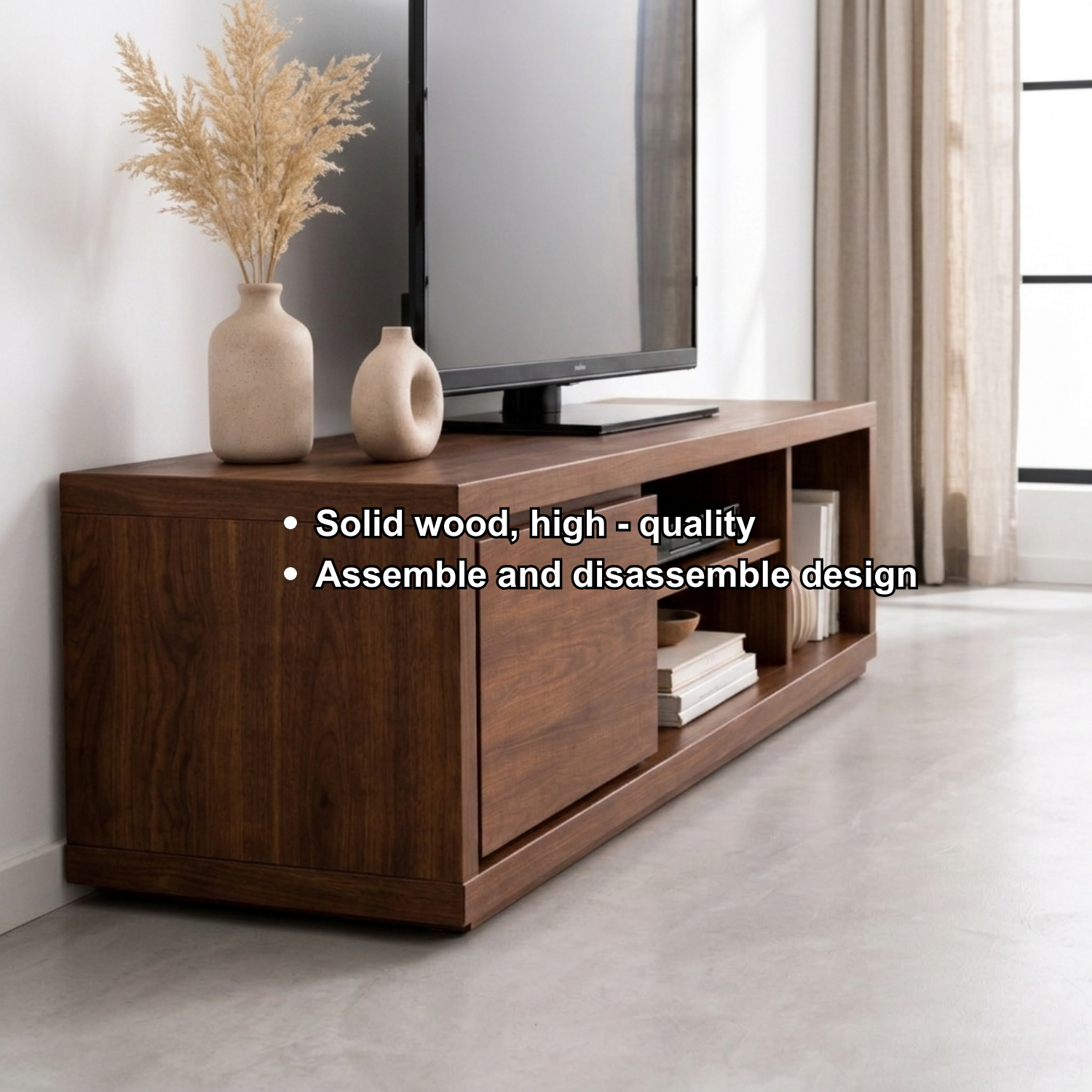 Solid Wood TV Stand with Sliding Door and Open Shelves – Modern Media Console Kitchnce