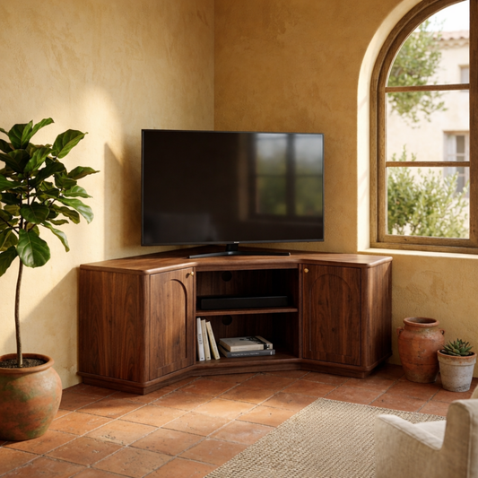 Solid Wood Corner TV Stand with Arched Cabinet Doors and Open Media Shelf