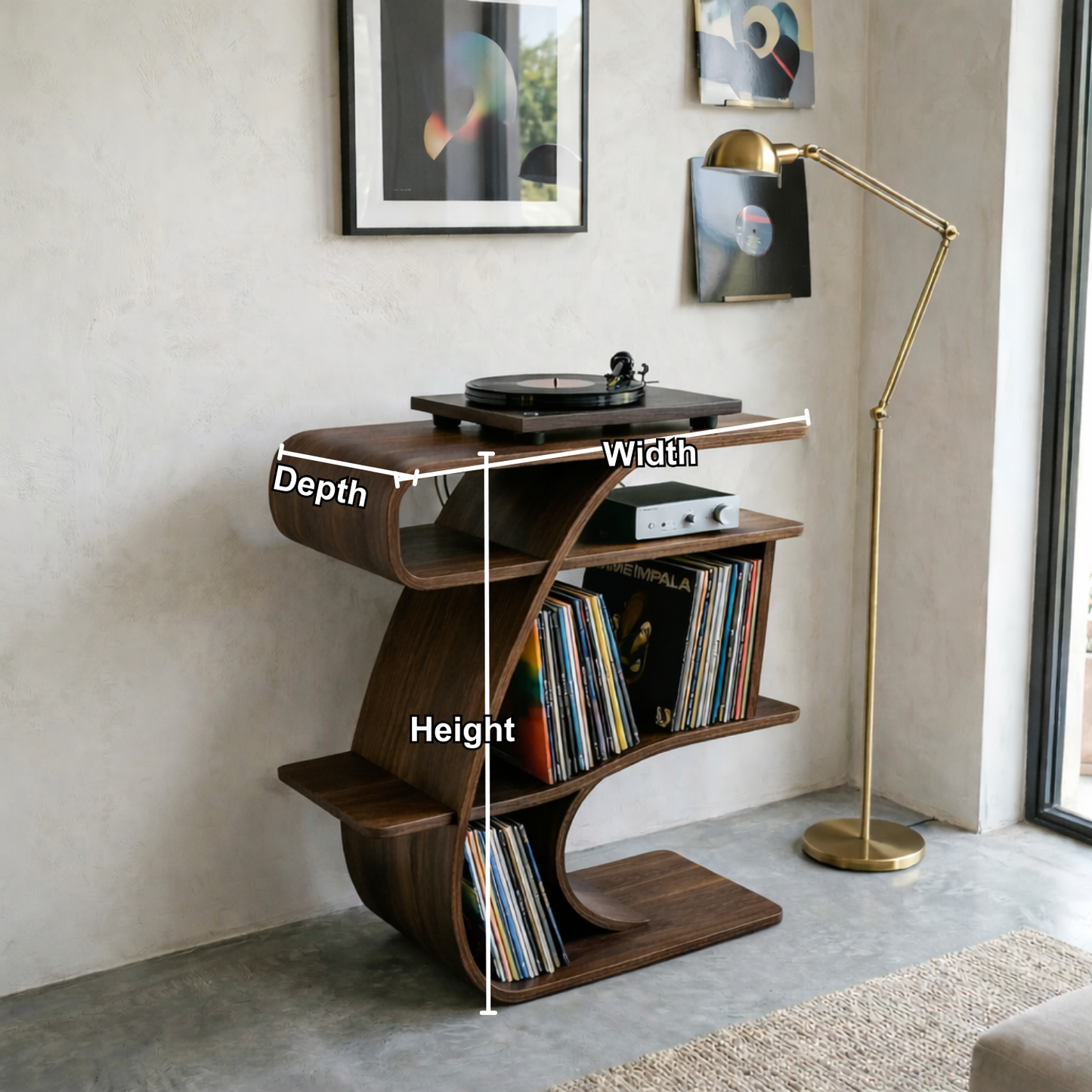 S-Curve Solid Wood Record Player Stand with Vinyl Storage Shelves Kitchnce