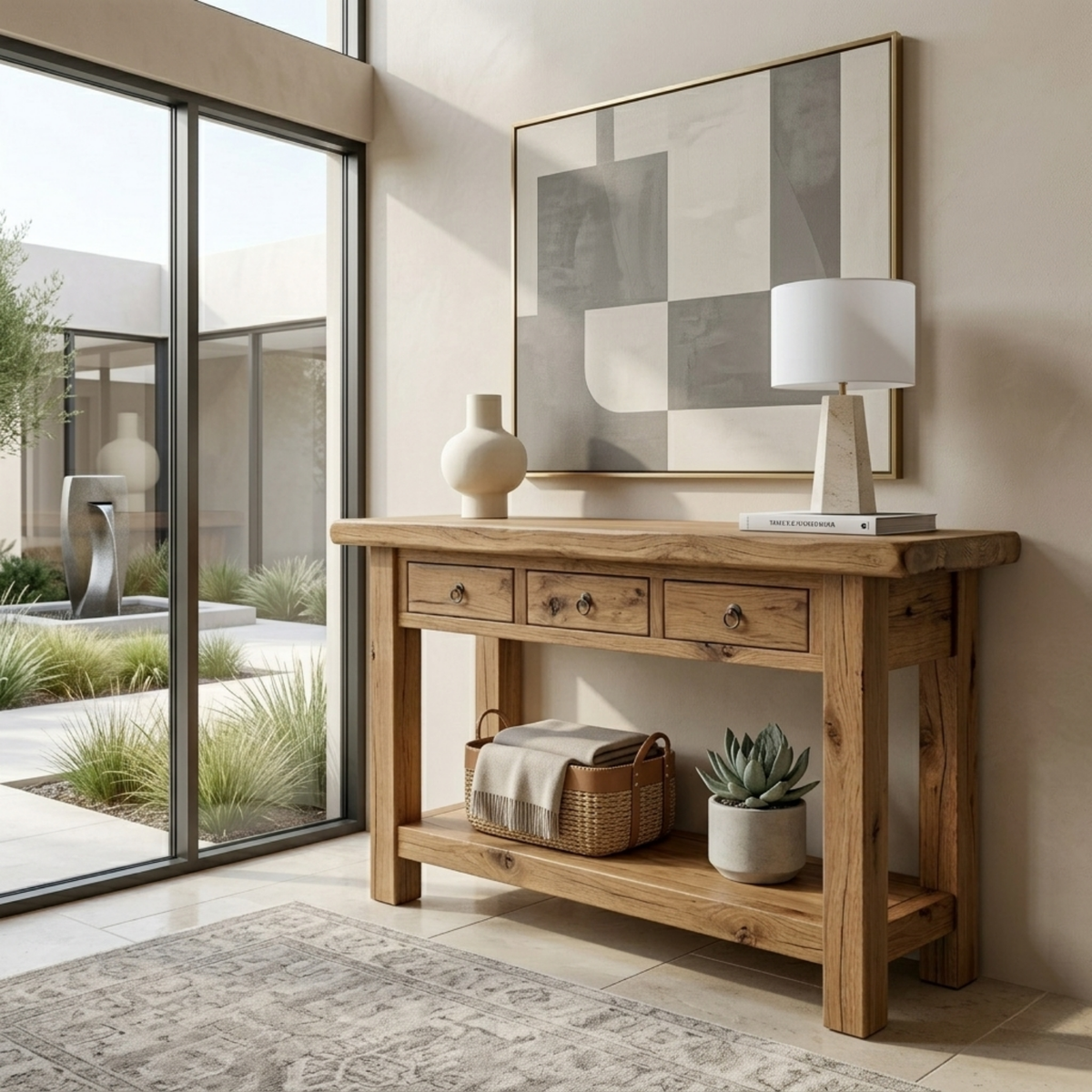 Solid Wood Console Table with Drawers and Shelf – Rustic Farmhouse Ent