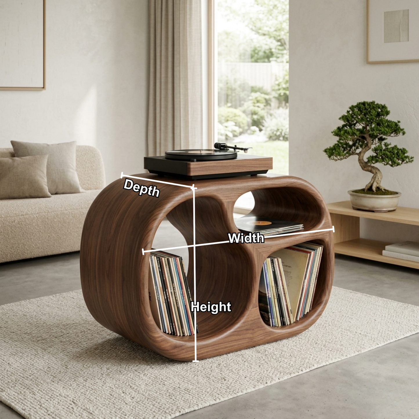 Sculpted Barrel Solid Wood Record Player Stand with Dual Vinyl Storage Kitchnce