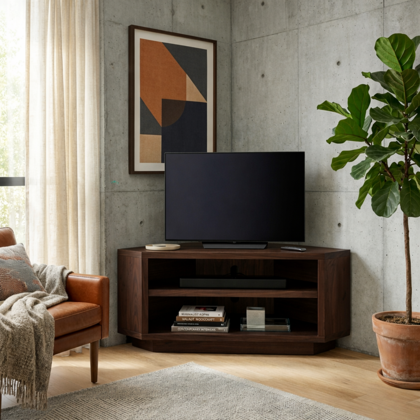 Solid Wood Corner TV Stand with Open Shelving – Space Saving Media Console