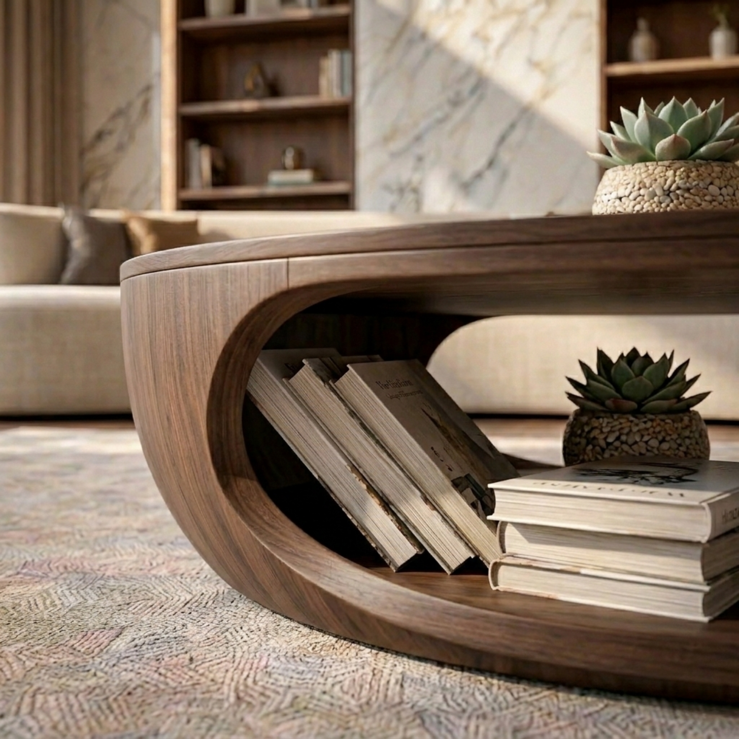 Solid Wood Round Coffee Table with Open Base – Modern Sculptural Living Room Table