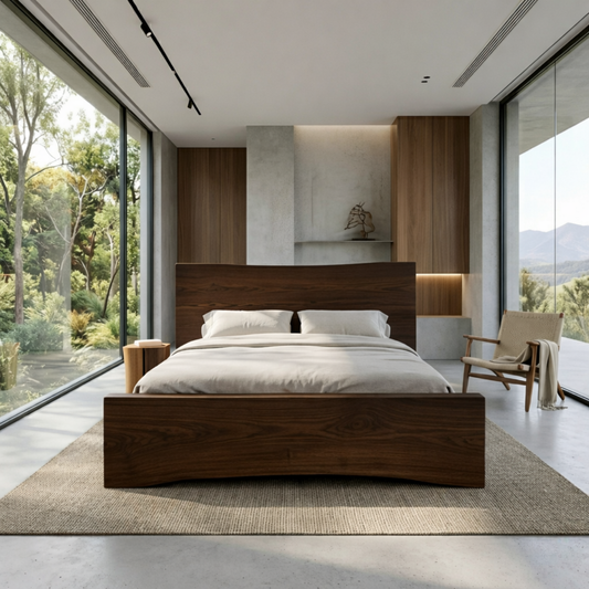 Curved Solid Wood Platform Bed Frame with Sculpted Footboard Design
