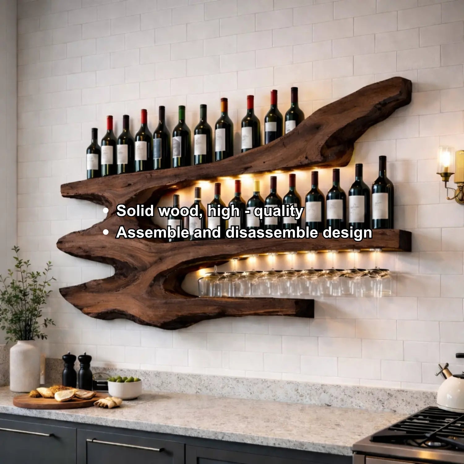 Solid Wood Live Edge Wall Wine Rack with Multi Bottle Shelves and Hanging Glass Holder Kitchnce