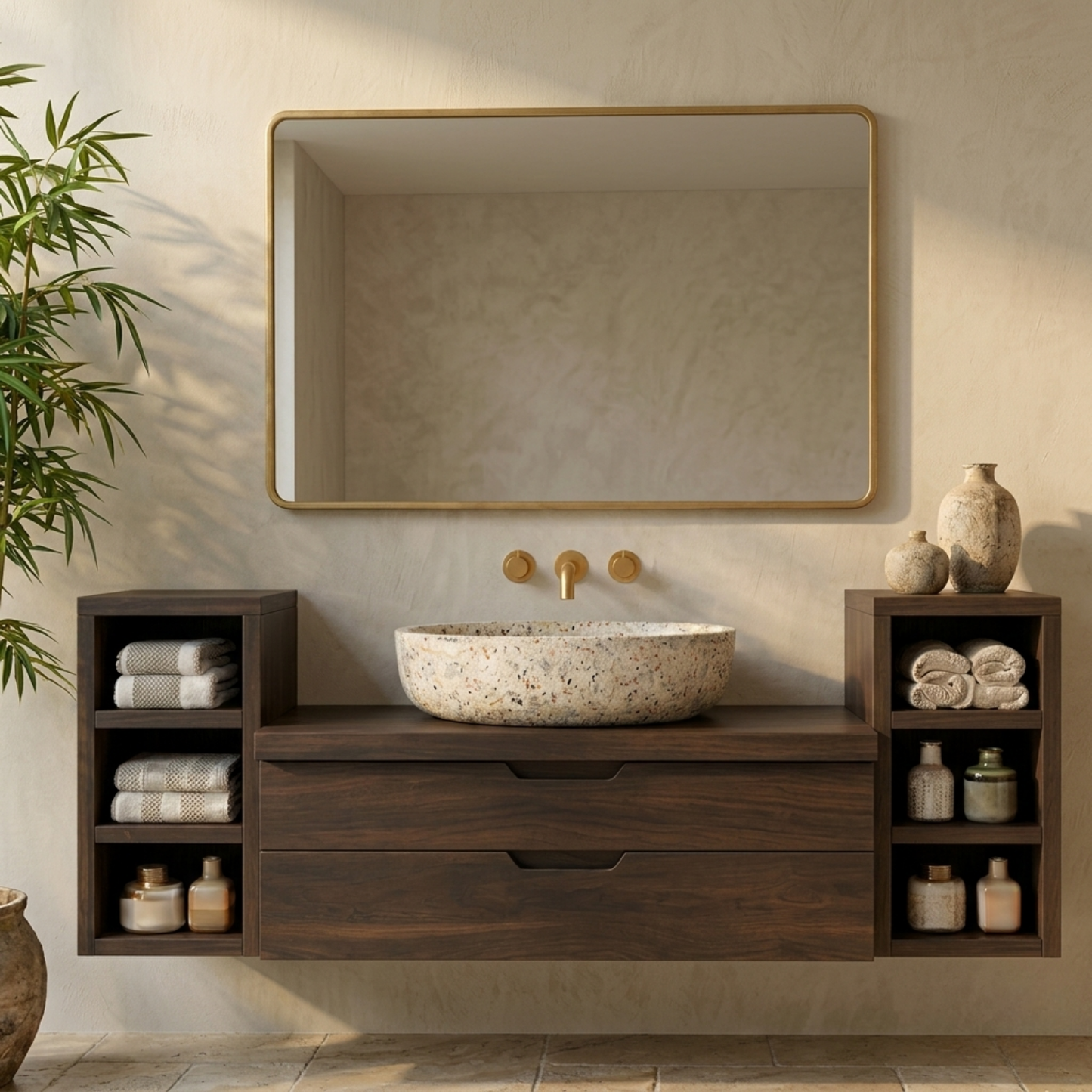 Floating Solid Wood Bathroom Vanity with Double Drawers and Open Side Shelves on Both Sides