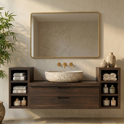 Floating Solid Wood Bathroom Vanity with Double Drawers and Open Side Shelves on Both Sides