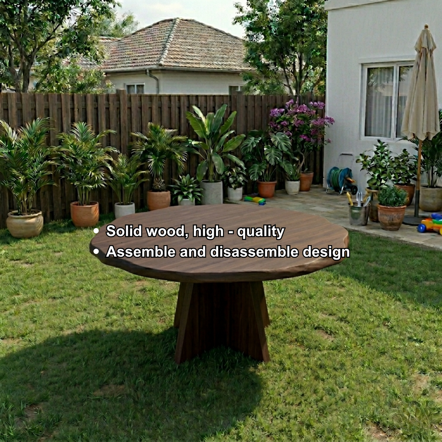 Round Live Edge Solid Wood Outdoor Dining Table with Sculptural Cross Pedestal Base