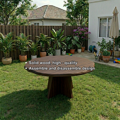 Round Live Edge Solid Wood Outdoor Dining Table with Sculptural Cross Pedestal Base