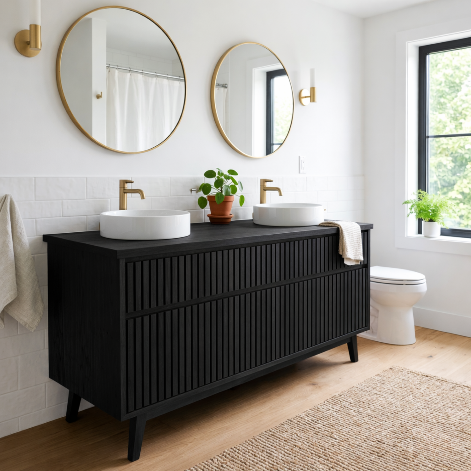 Solid Wood Double Bathroom Vanity Fluted Panel Mid-Century Freestanding Cabinet