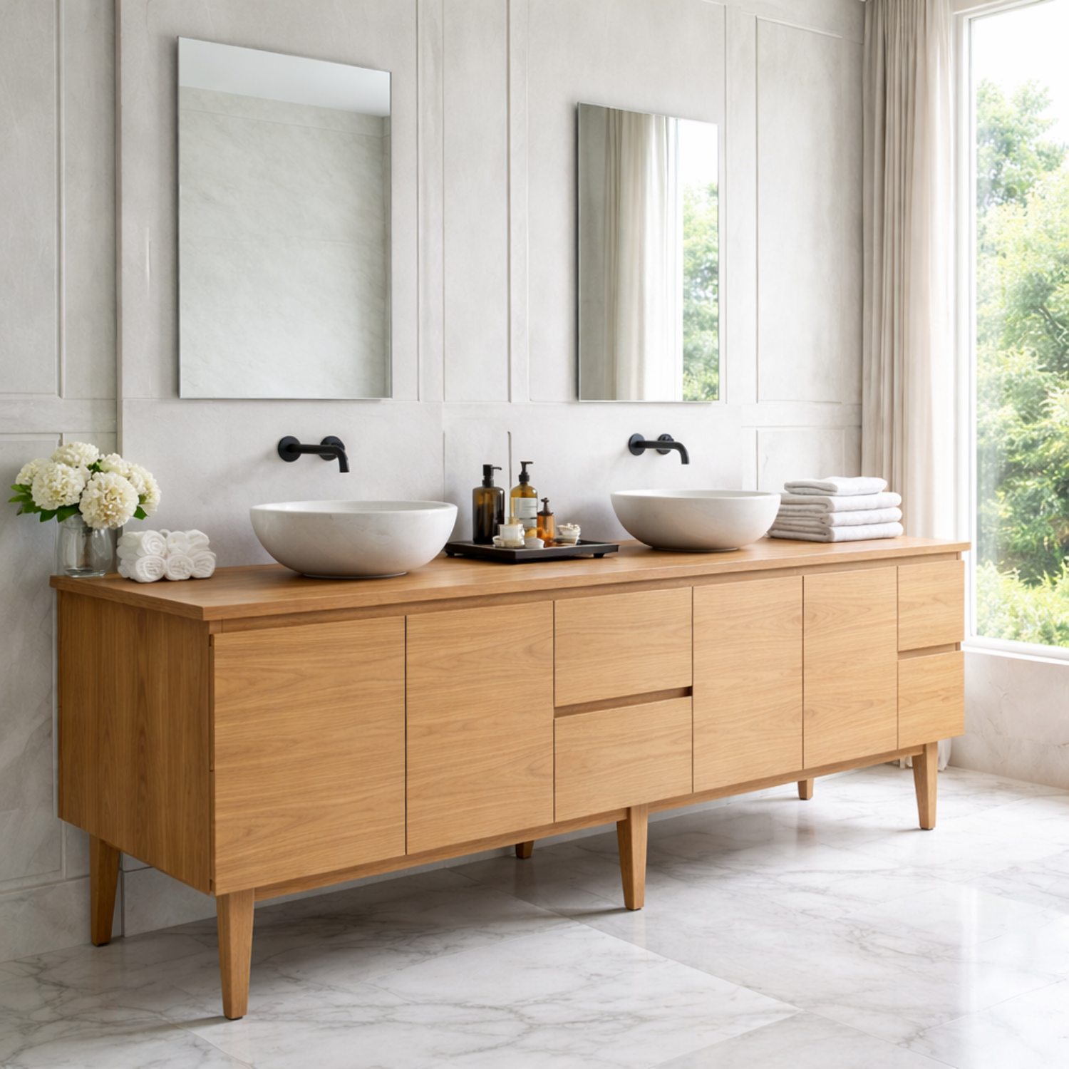 Handcrafted Mid-Century Modern Solid Wood Double Bathroom Vanity - Design Storage Cabinet