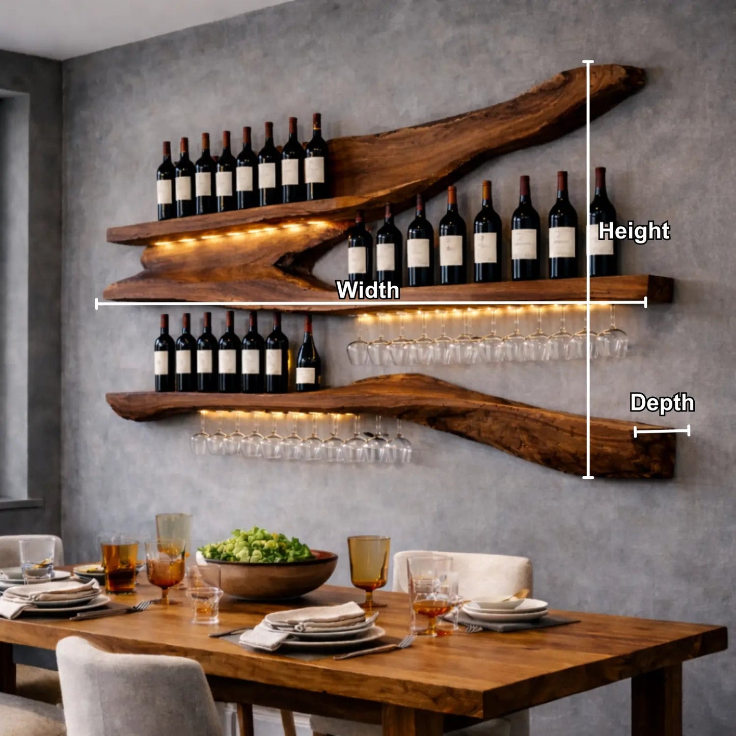 Solid Wood Live Edge Wall Wine Rack with Floating Shelves and Hanging Glass Holder Kitchnce