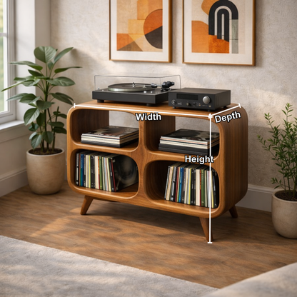 Rounded Cube Solid Wood Record Player Stand with 4-Compartment Vinyl Storage Kitchnce