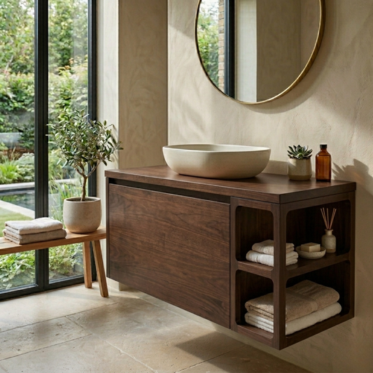 Floating Solid Wood Bathroom Vanity with Cabinet Storage and Sculpted Side Shelves