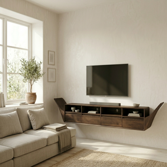 Floating Solid Wood TV Stand with Open Shelves and Drawers – Wall Mounted Media Console