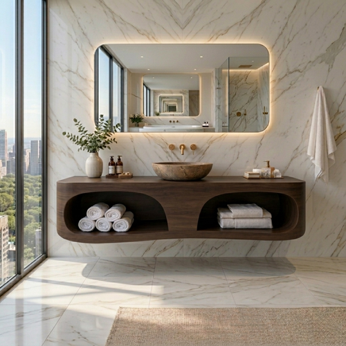 Solid Wood Floating Bathroom Vanity with Open Shelf – Modern Wall Mounted Vanity Kitchnce