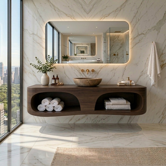 Solid Wood Floating Bathroom Vanity with Open Shelf – Modern Wall Mounted Vanity Kitchnce