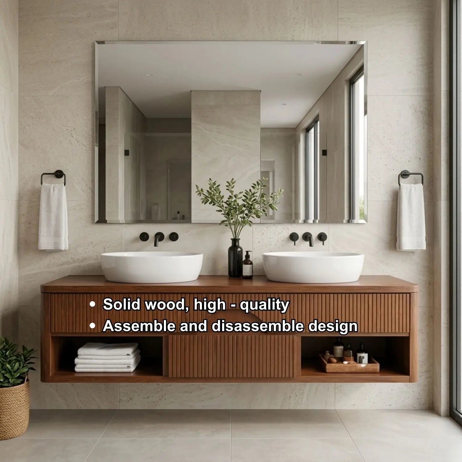 Floating Bathroom Vanity with Fluted Wood Front and Center Arch Drawer Design Kitchnce