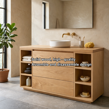 Solid Wood Bathroom Vanity with Three Drawers and Open Side Shelves on Both Sides
