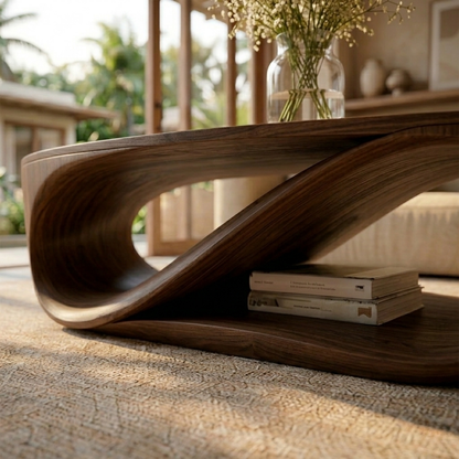 Sculptural Solid Wood Coffee Table with Open Shelf – Modern Organic Living Room Table Kitchnce
