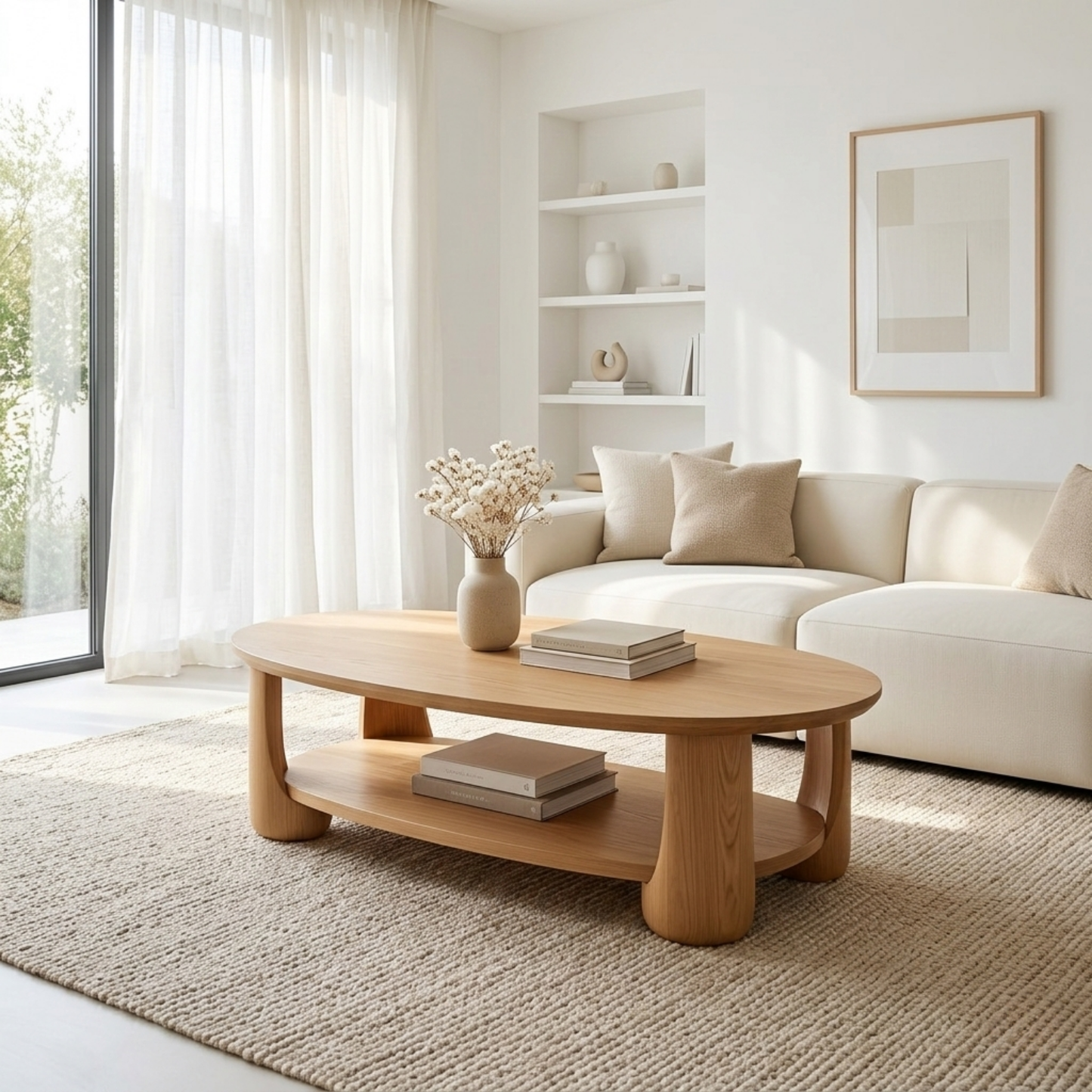 Solid Wood Oval Coffee Table with Shelf – Modern Minimalist Living Room Table Kitchnce