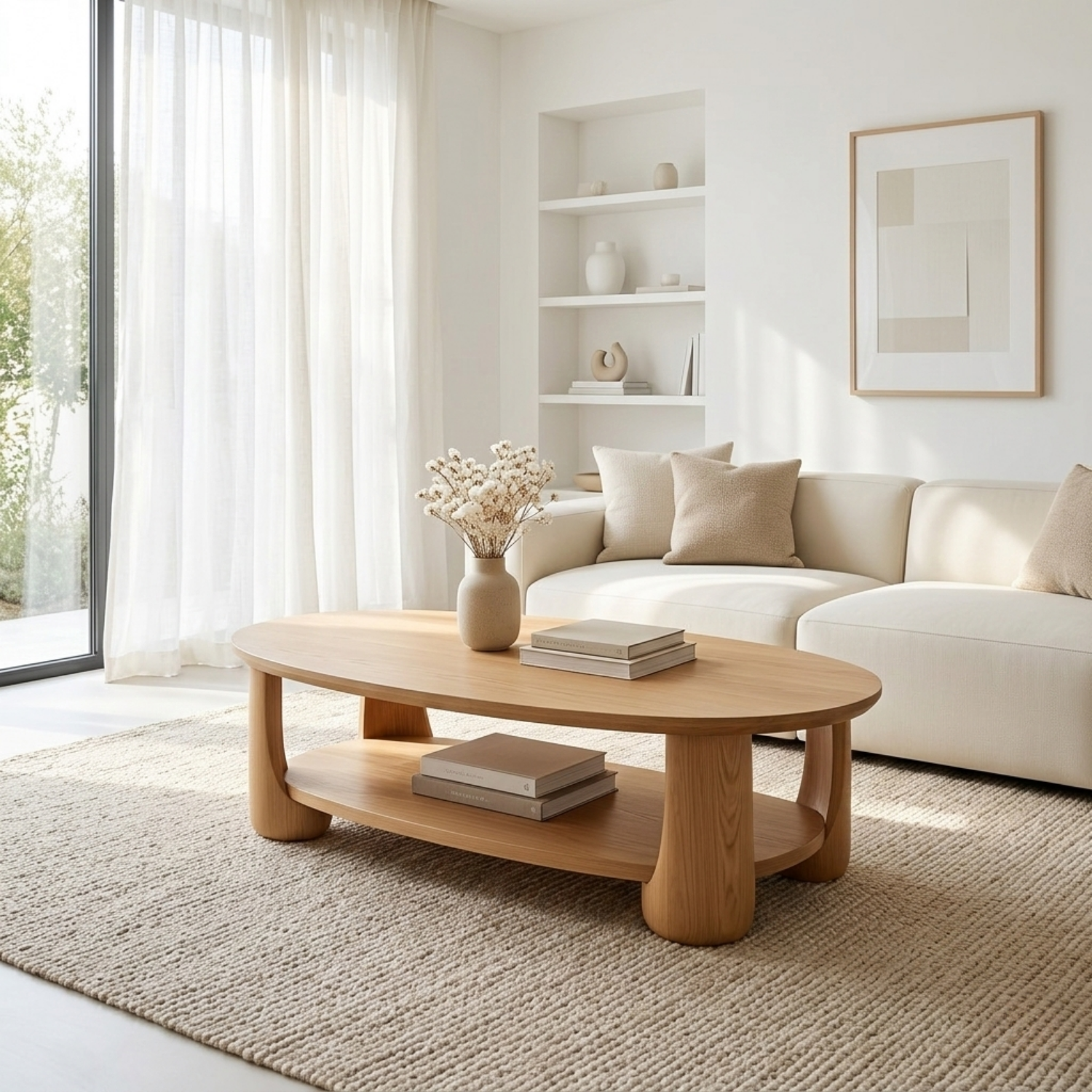 Solid Wood Oval Coffee Table with Shelf – Modern Minimalist Living Room Table
