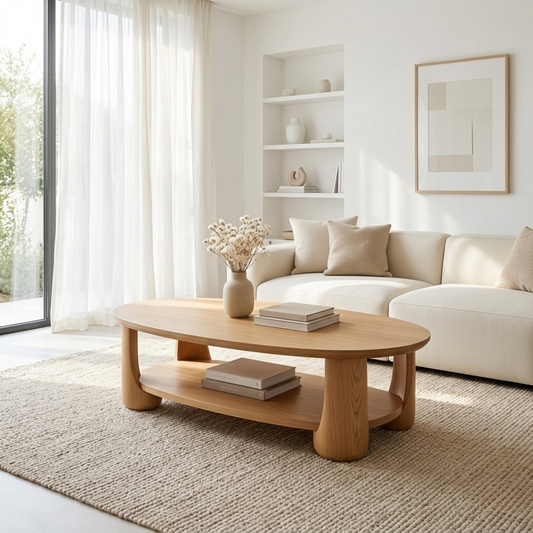 Solid Wood Oval Coffee Table with Shelf – Modern Minimalist Living Room Table Kitchnce