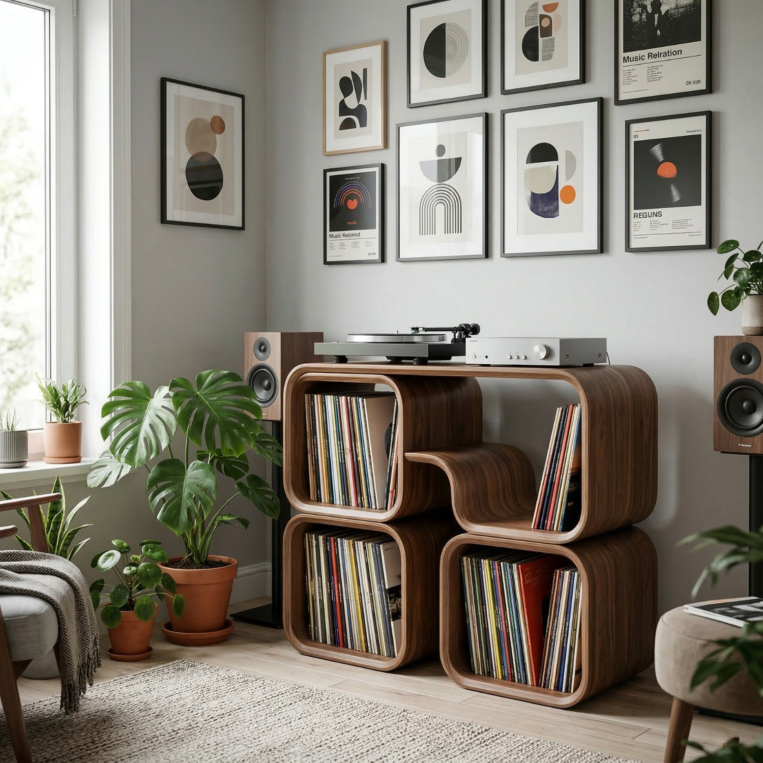 Modular Cube Solid Wood Record Player Stand with Vinyl LP Storage Compartments