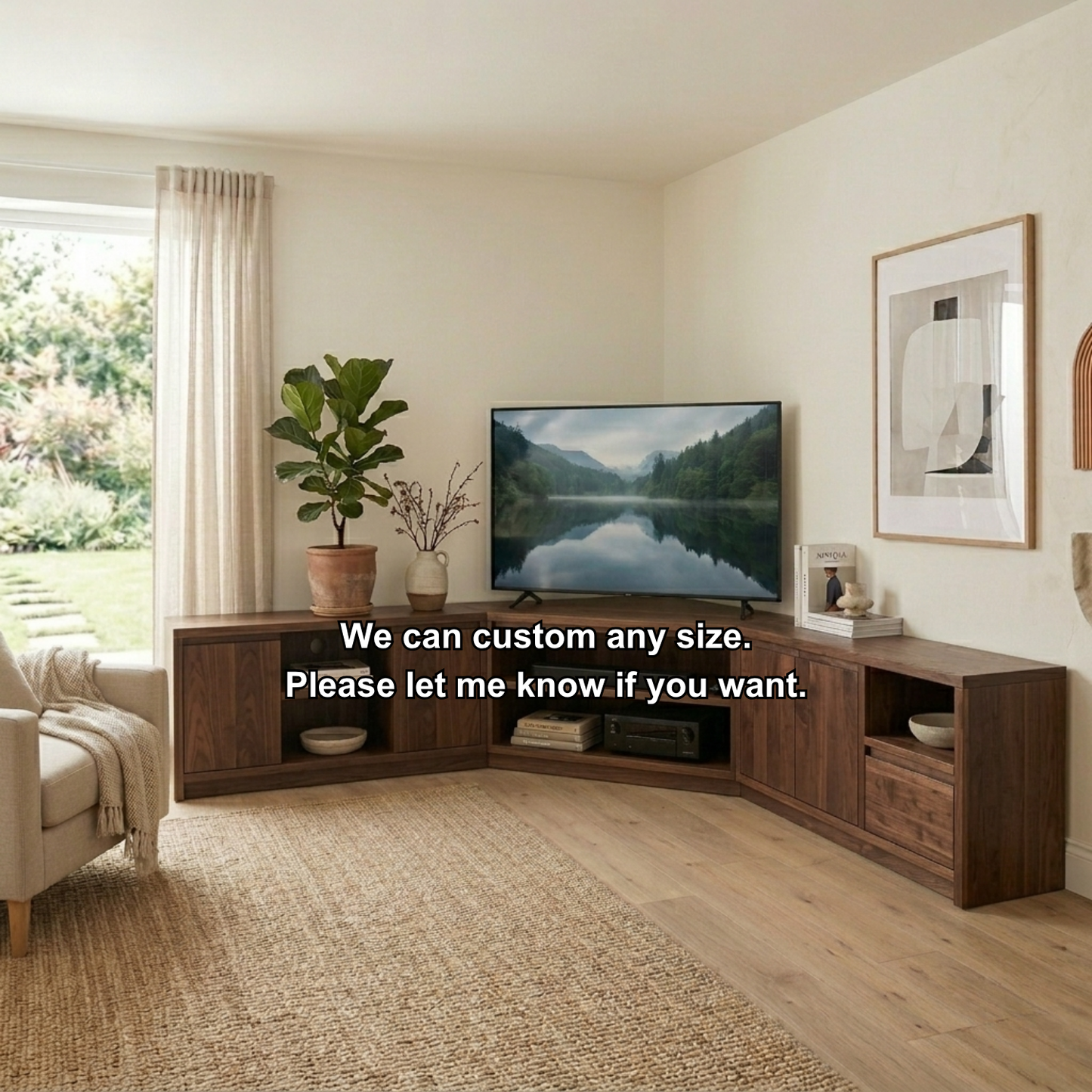 Modular Solid Wood Corner TV Stand with Storage Cabinets and Open Media Shelves
