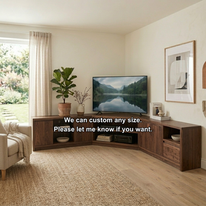 Modular Solid Wood Corner TV Stand with Storage Cabinets and Open Media Shelves