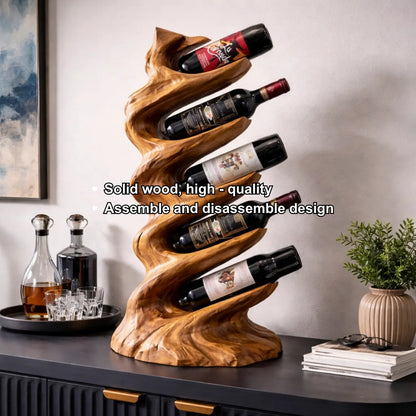 Solid Wood Sculptural Wine Holder with Vertical Wave Design Bottle Display Stand Kitchnce