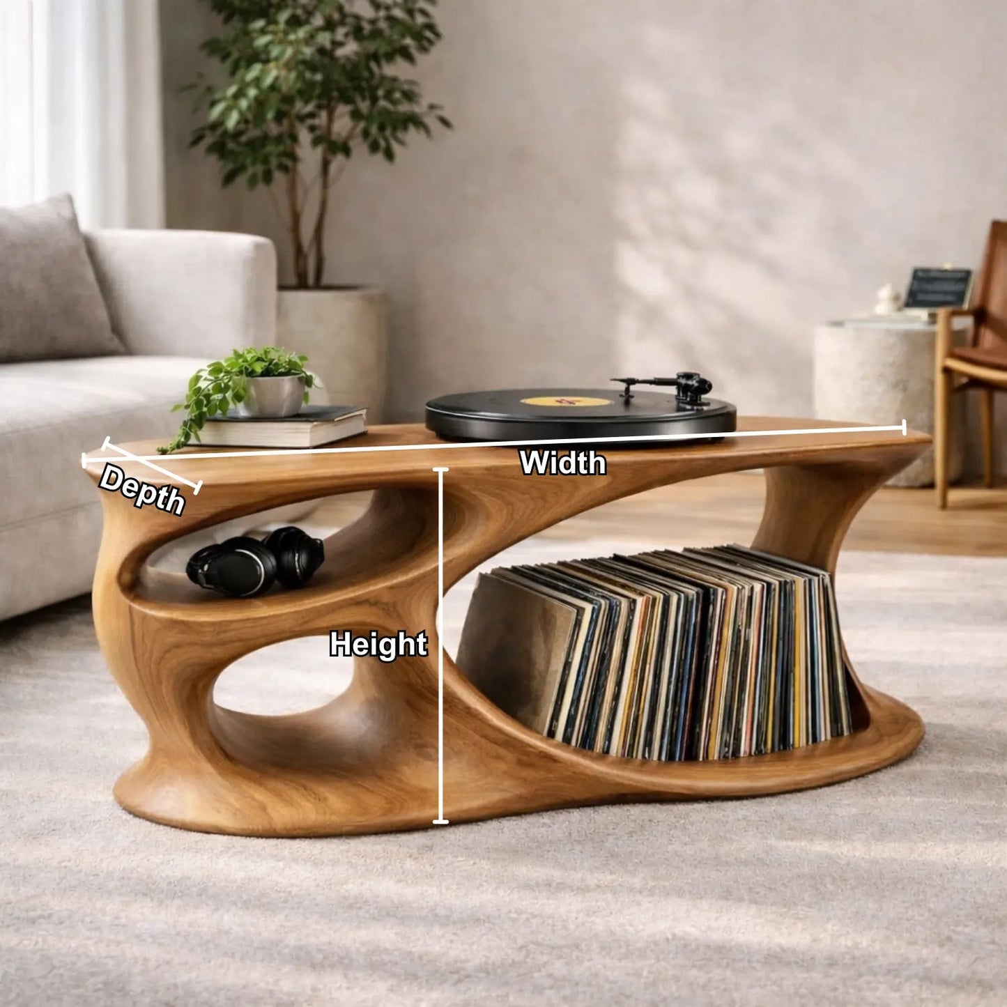 Solid Wood Record Player Stand with Organic Curved Base and Vinyl Record Storage Kitchnce