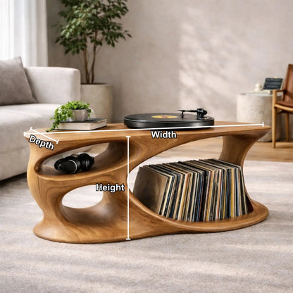 Solid Wood Record Player Stand with Organic Curved Base and Vinyl Record Storage Kitchnce