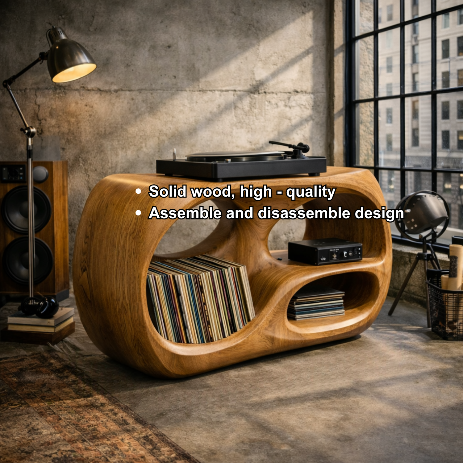 Organic Curve Solid Wood Record Player Stand with Built-In Vinyl Storage Kitchnce