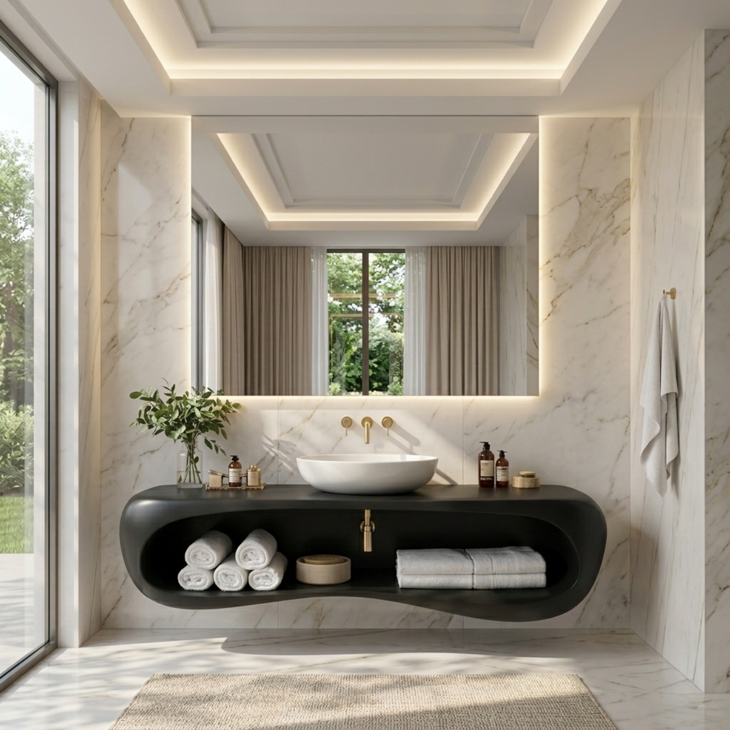 Solid Wood Floating Bathroom Vanity with Curved Open Shelf – Modern Wall Mounted Vanity Kitchnce