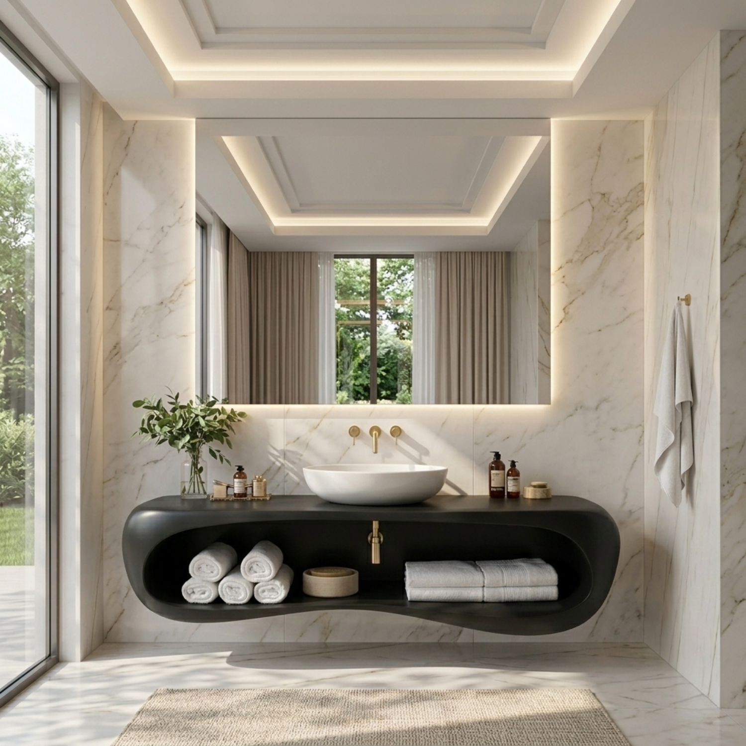 Solid Wood Floating Bathroom Vanity with Curved Open Shelf – Modern Wall Mounted Vanity Kitchnce