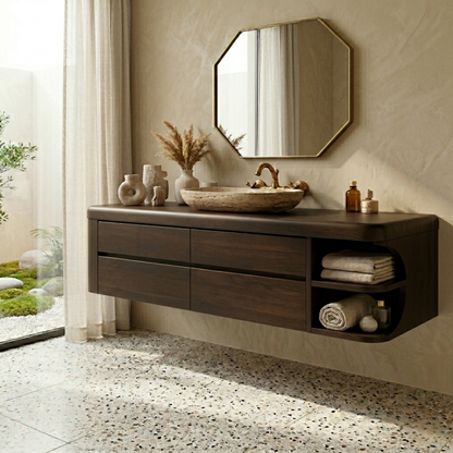 Floating Solid Wood Bathroom Vanity with Four Drawers and Rounded Side Open Shelf