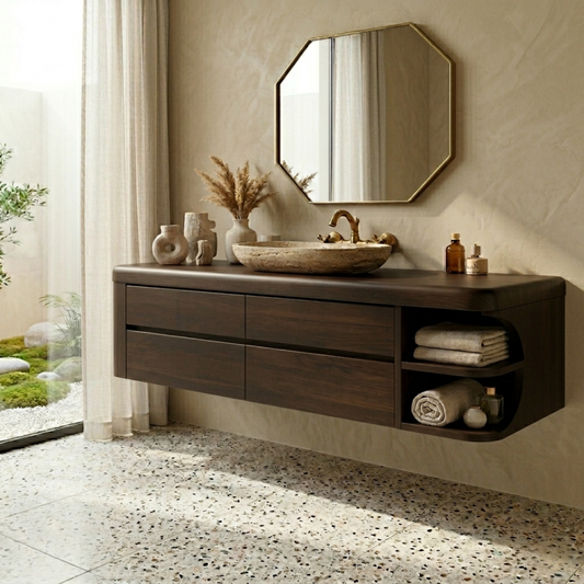 Floating Solid Wood Bathroom Vanity with Four Drawers and Rounded Side Open Shelf