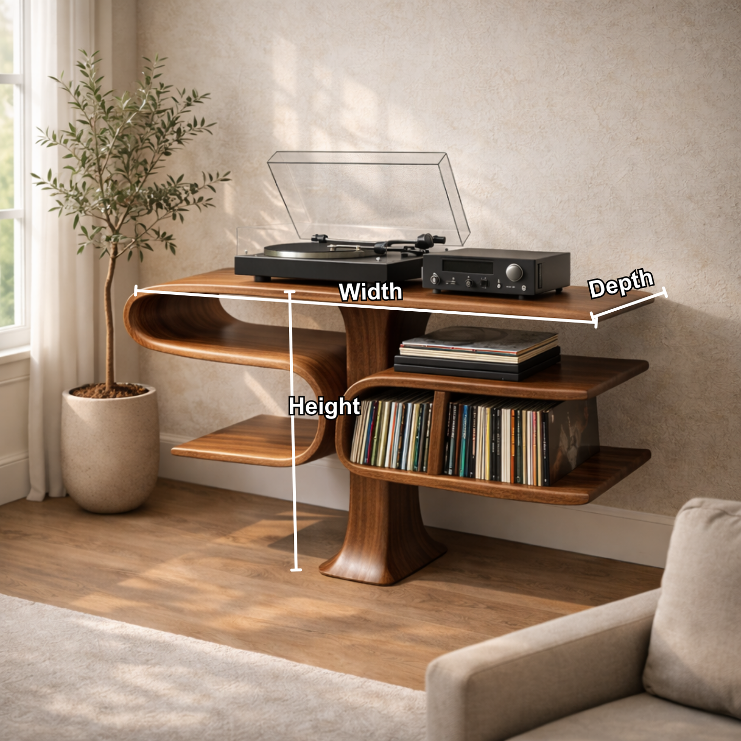 Cantilever Solid Wood Record Player Stand with Floating Vinyl Storage Shelves Kitchnce
