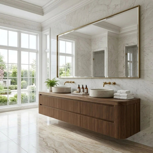 Floating Double Sink Bathroom Vanity with Fluted Front Drawers – Modern Solid Wood Kitchnce