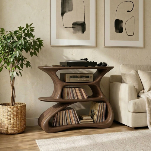 Solid Wood Record Player Stand with Vinyl Storage Shelves Kitchnce