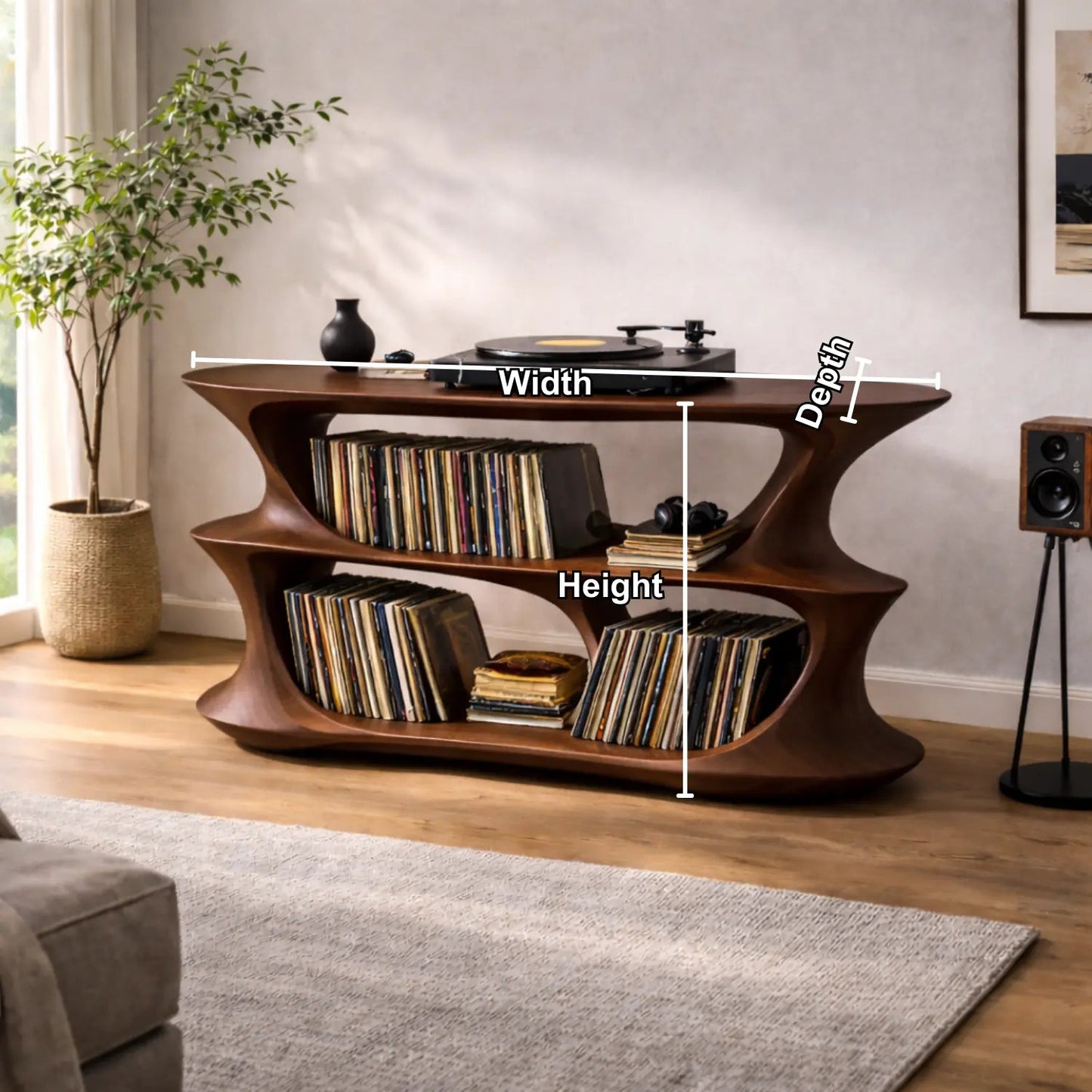 Solid Wood Record Player Stand with Sculptural Curved Frame and Dual Vinyl Storage Shelves Kitchnce