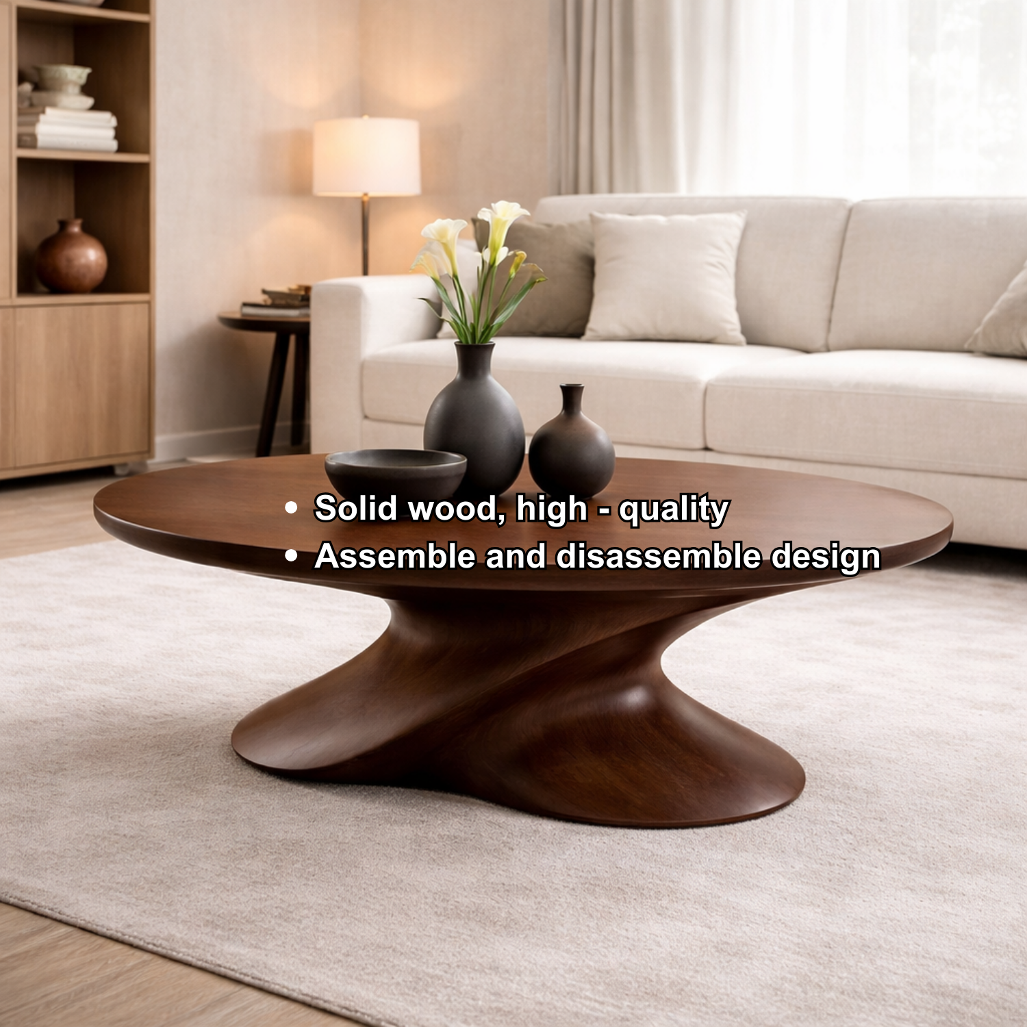 Modern Solid Wood Coffee Table with Sculptural Base – Contemporary Round Coffee Table Kitchnce