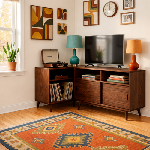 Solid Wood Corner TV Stand with Record Storage, Sliding Door Cabinet and Open Shelves