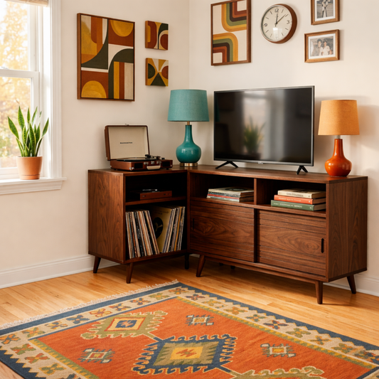 Solid Wood Corner TV Stand with Record Storage, Sliding Door Cabinet and Open Shelves